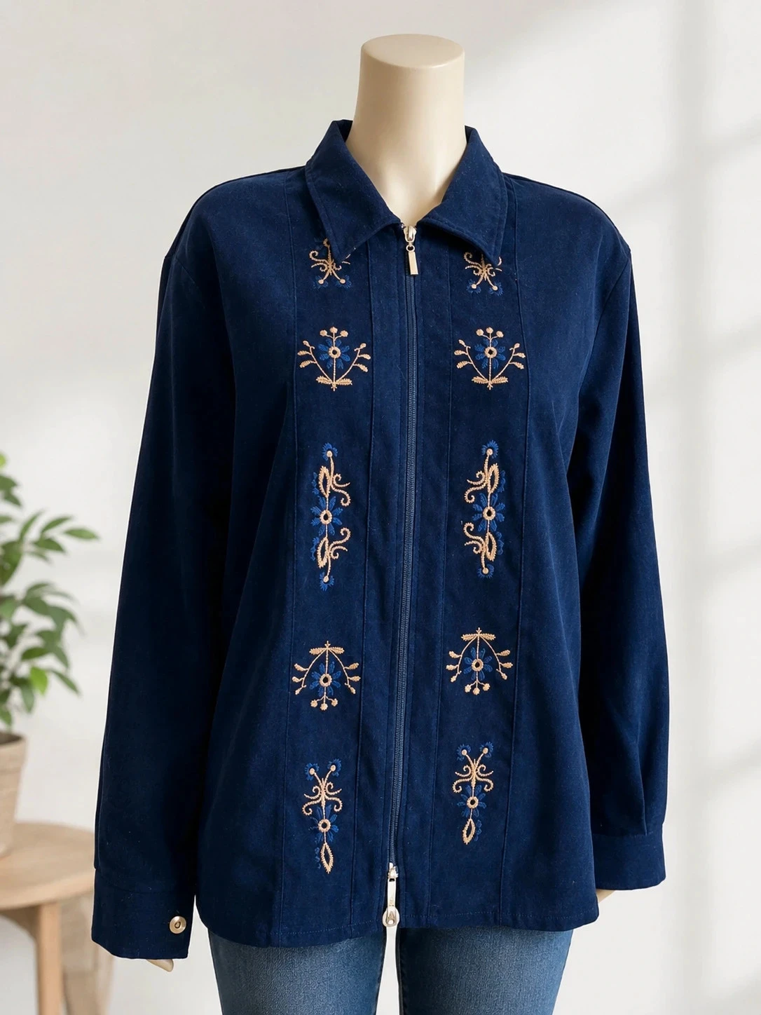 Veste femme bleu marine brodée – Taille XL – Zippée – Style vintage